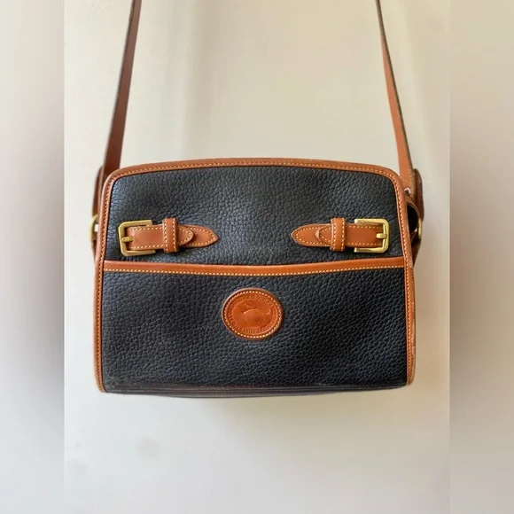 Vintage Black Dooney and Bourke Black with Tan Trim Zip Top Buckle Shoulder Bag - Picture 1 of 11